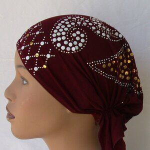 BURGUNDY Pre-Tied Stud Chemo Cap Slip On Bonnet Hijab Undercap # 5